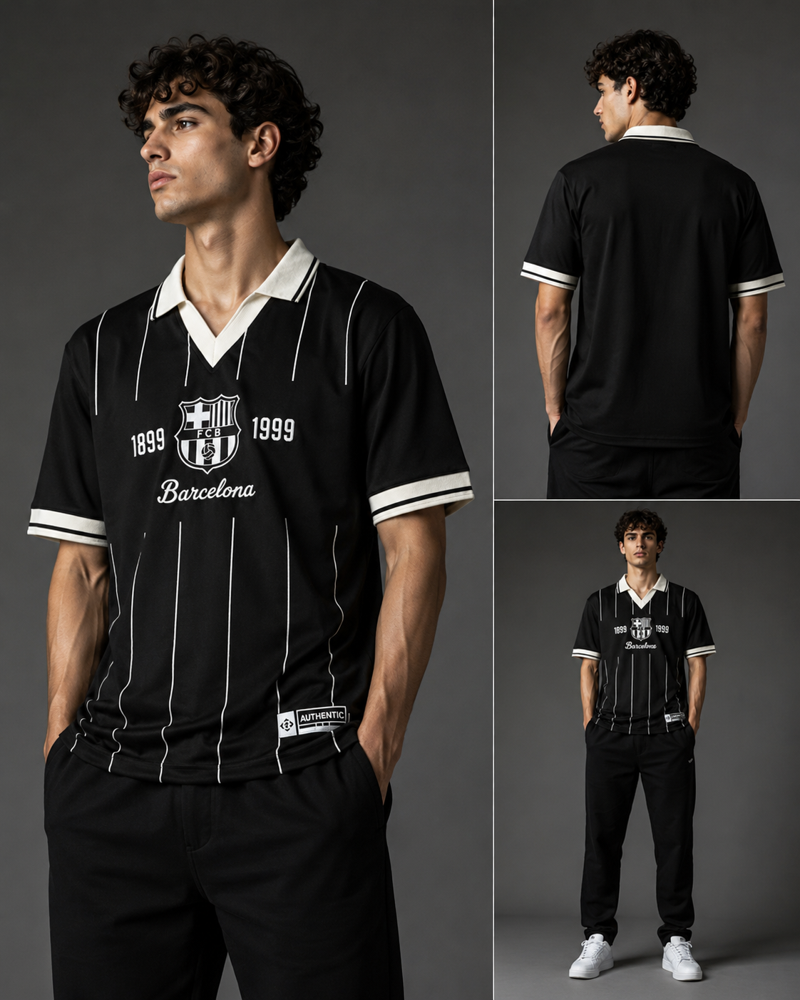 Barcelona FCB Retro V-Neck Polo Drop Shirt for Men | Premium Cotton Terry | Football Streetwear | Black, Ivory White & Ash Grey | VYNTRRO
