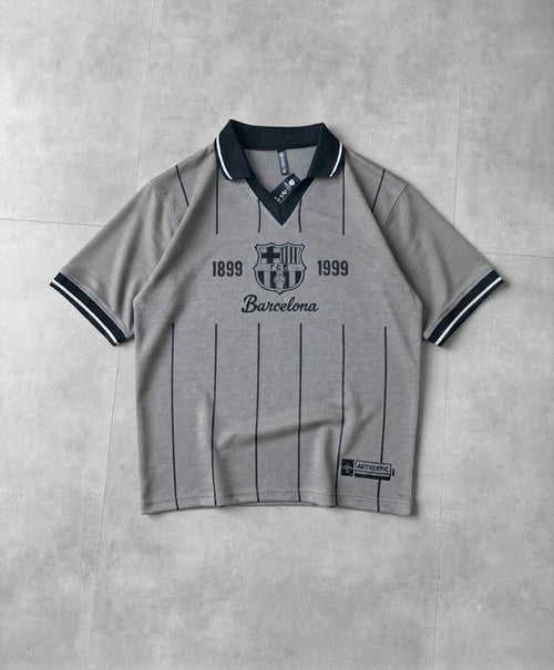 Barcelona FCB Retro V-Neck Polo Drop Shirt for Men | Premium Cotton Terry | Football Streetwear | Black, Ivory White & Ash Grey | VYNTRRO