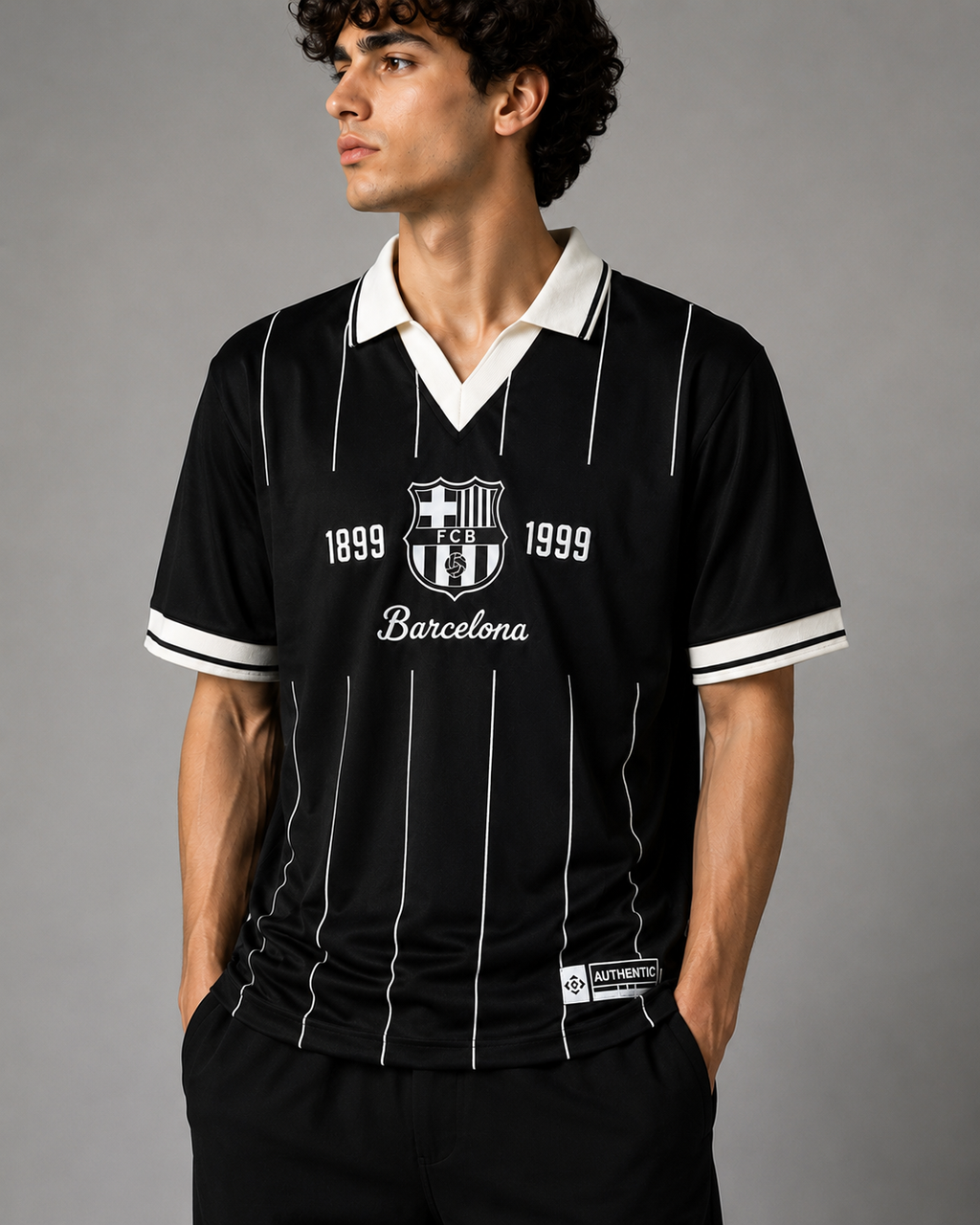 Barcelona FCB Retro V-Neck Polo Drop Shirt for Men | Premium Cotton Terry | Football Streetwear | Black, Ivory White & Ash Grey | VYNTRRO