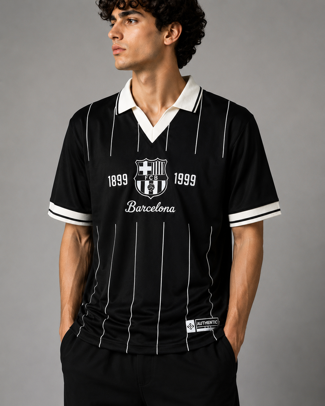 Barcelona FCB Retro V-Neck Polo Drop Shirt for Men | Premium Cotton Terry | Football Streetwear | Black, Ivory White & Ash Grey | VYNTRRO