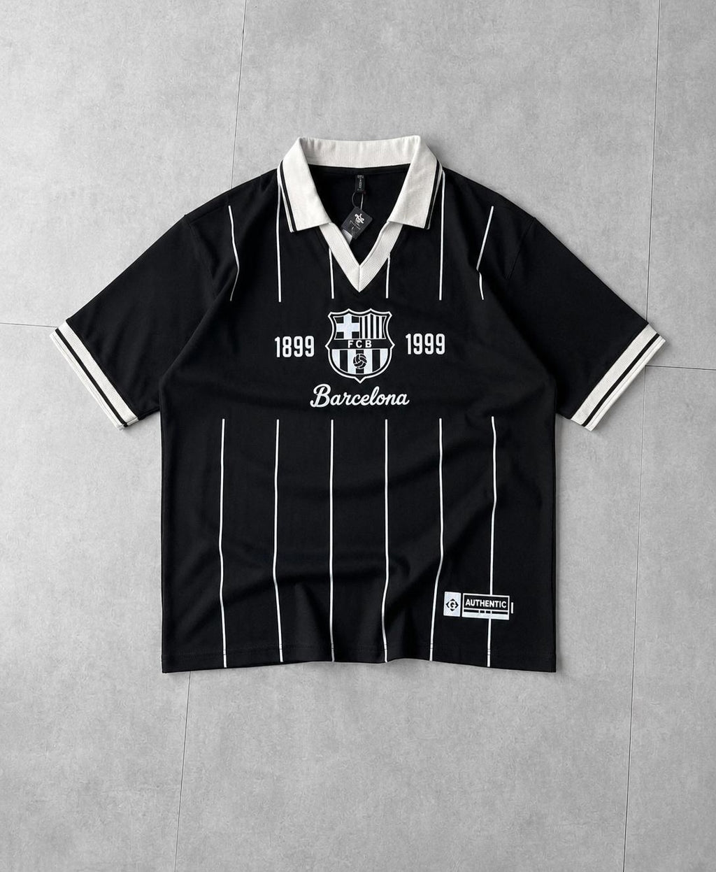 Barcelona FCB Retro V-Neck Polo Drop Shirt for Men | Premium Cotton Terry | Football Streetwear | Black, Ivory White & Ash Grey | VYNTRRO