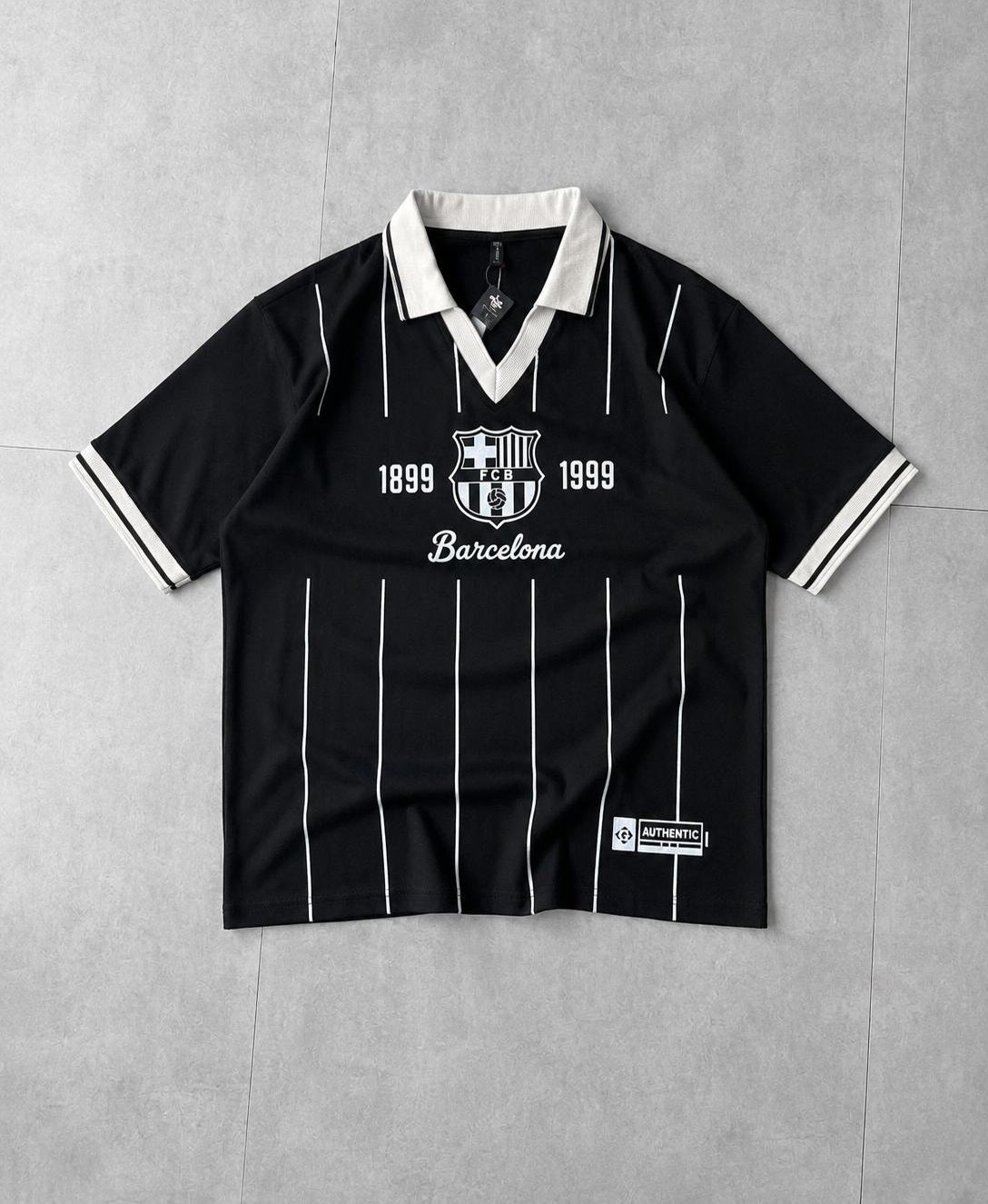 Barcelona FCB Retro V-Neck Polo Drop Shirt for Men | Premium Cotton Terry | Football Streetwear | Black, Ivory White & Ash Grey | VYNTRRO